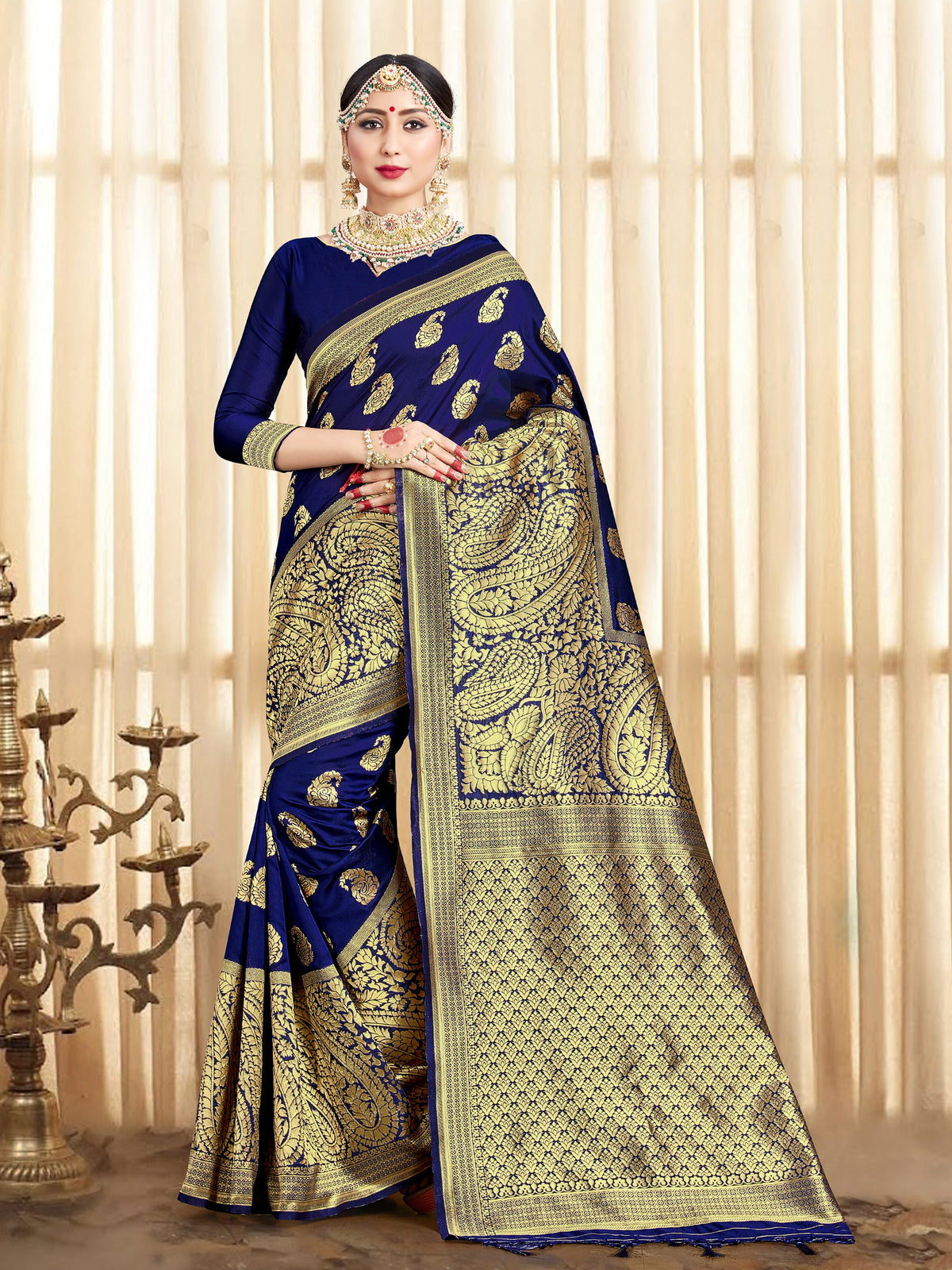 Navy Blue Banarasi Art Silk Woven Saree