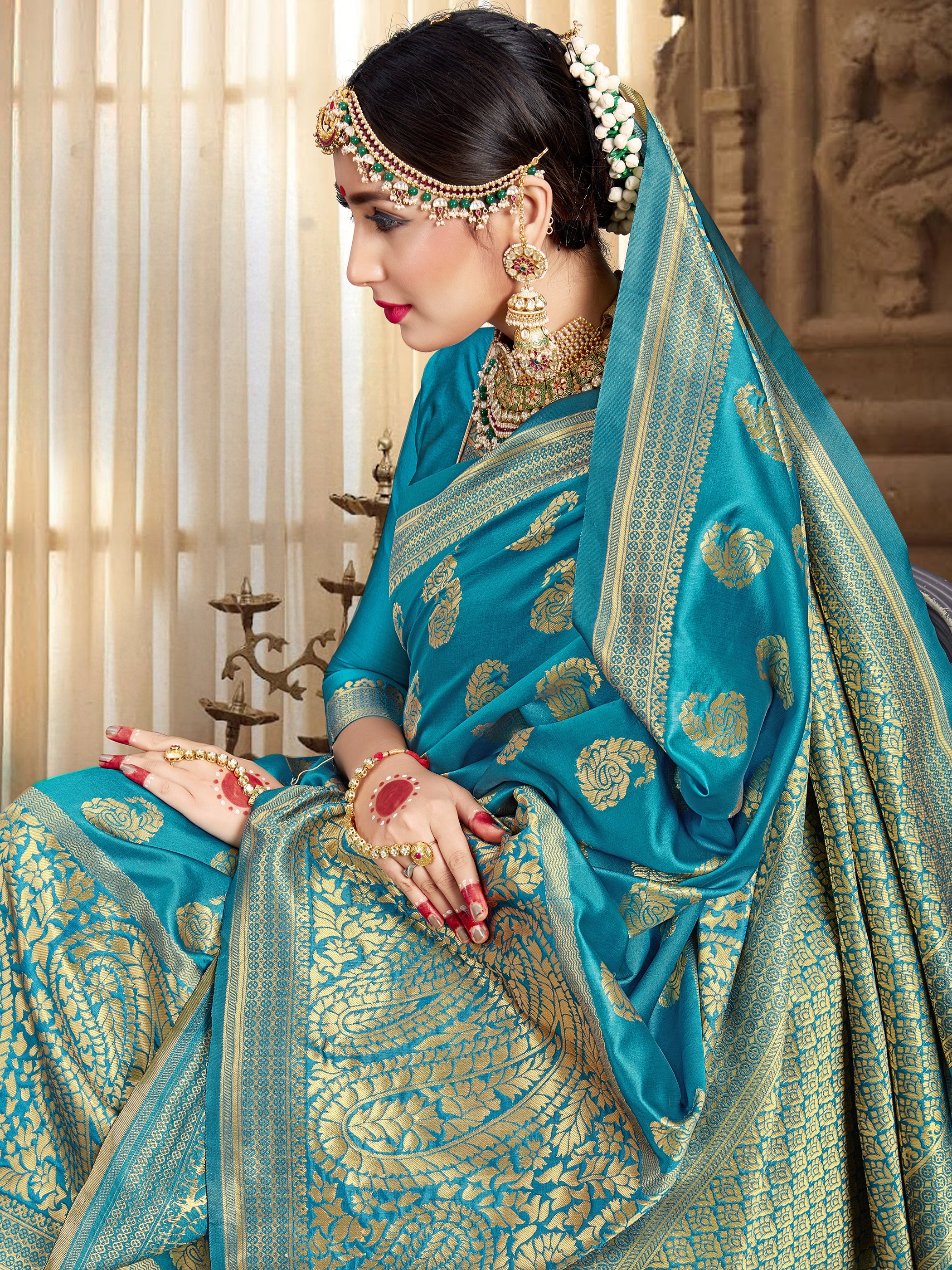 Turquoise Banarasi Art Silk Woven Saree