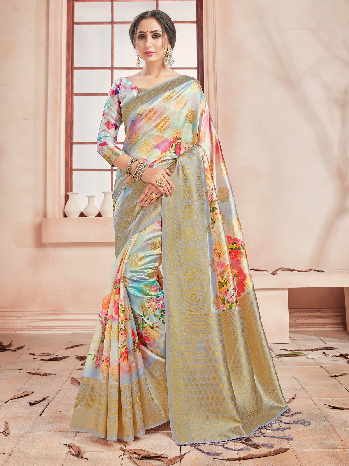 Beige Banarasi Art Silk Digital Print Woven Saree