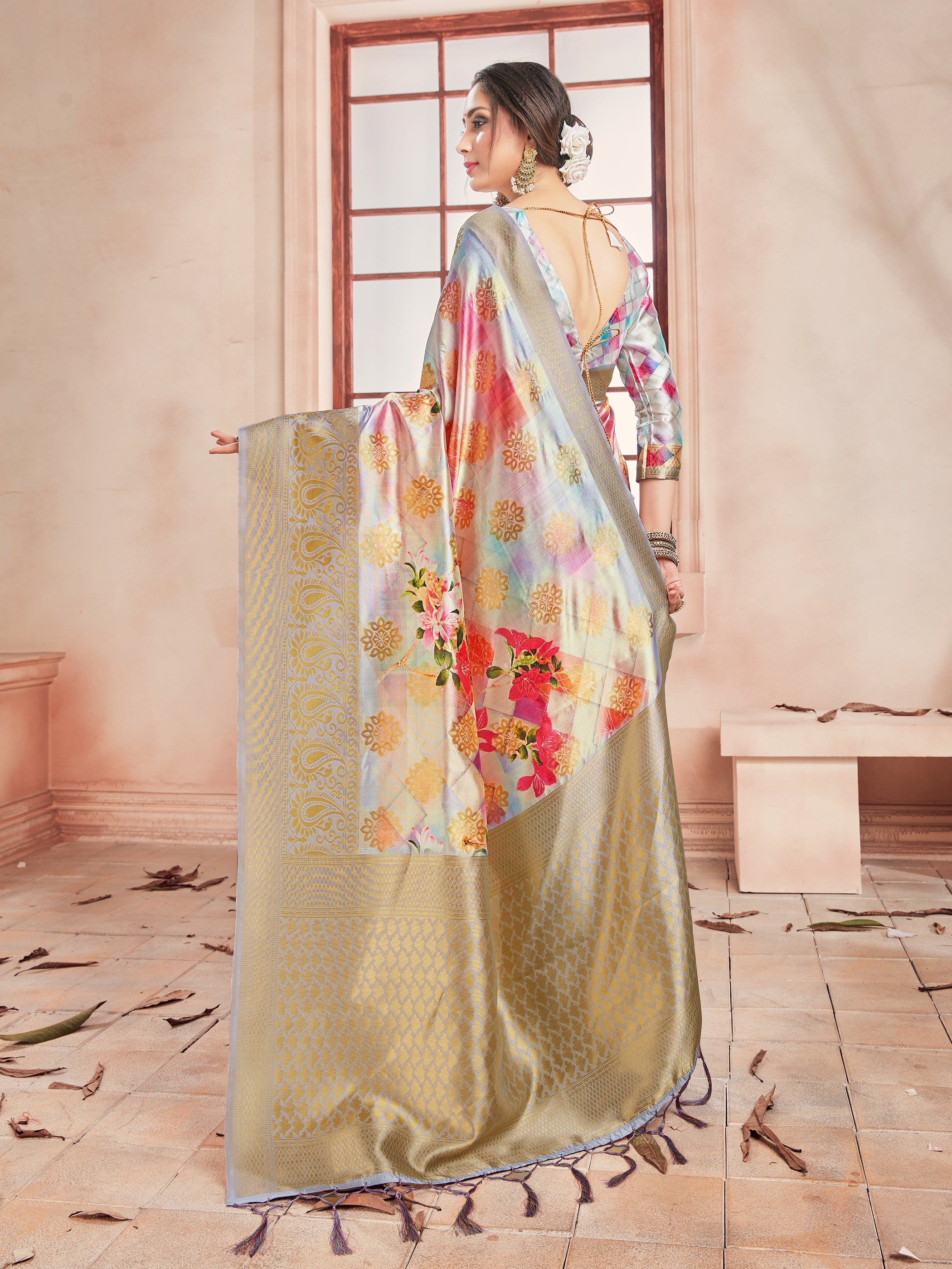 Beige Banarasi Art Silk Digital Print Woven Saree