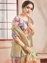 Beige Banarasi Art Silk Digital Print Woven Saree