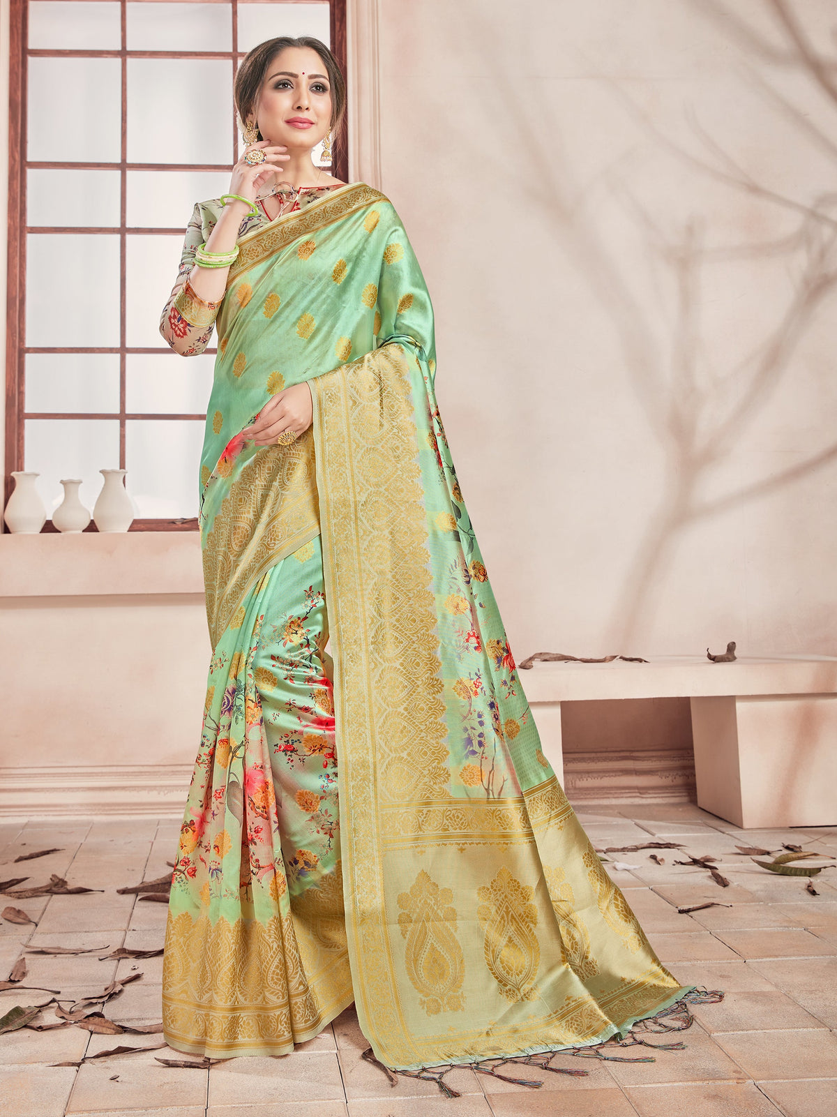 Green Banarasi Art Silk Digital Print Woven Saree