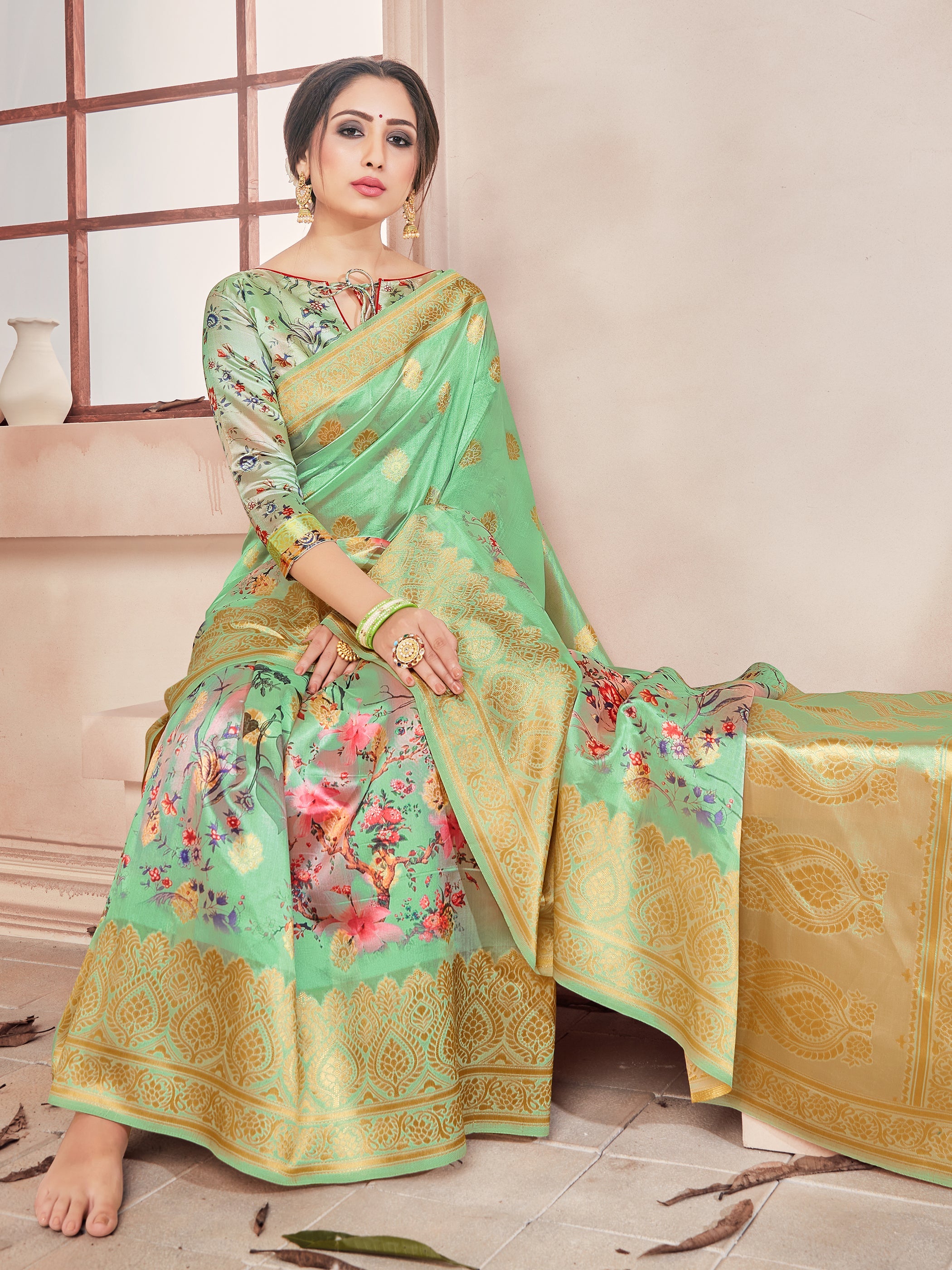 Green Banarasi Art Silk Digital Print Woven Saree