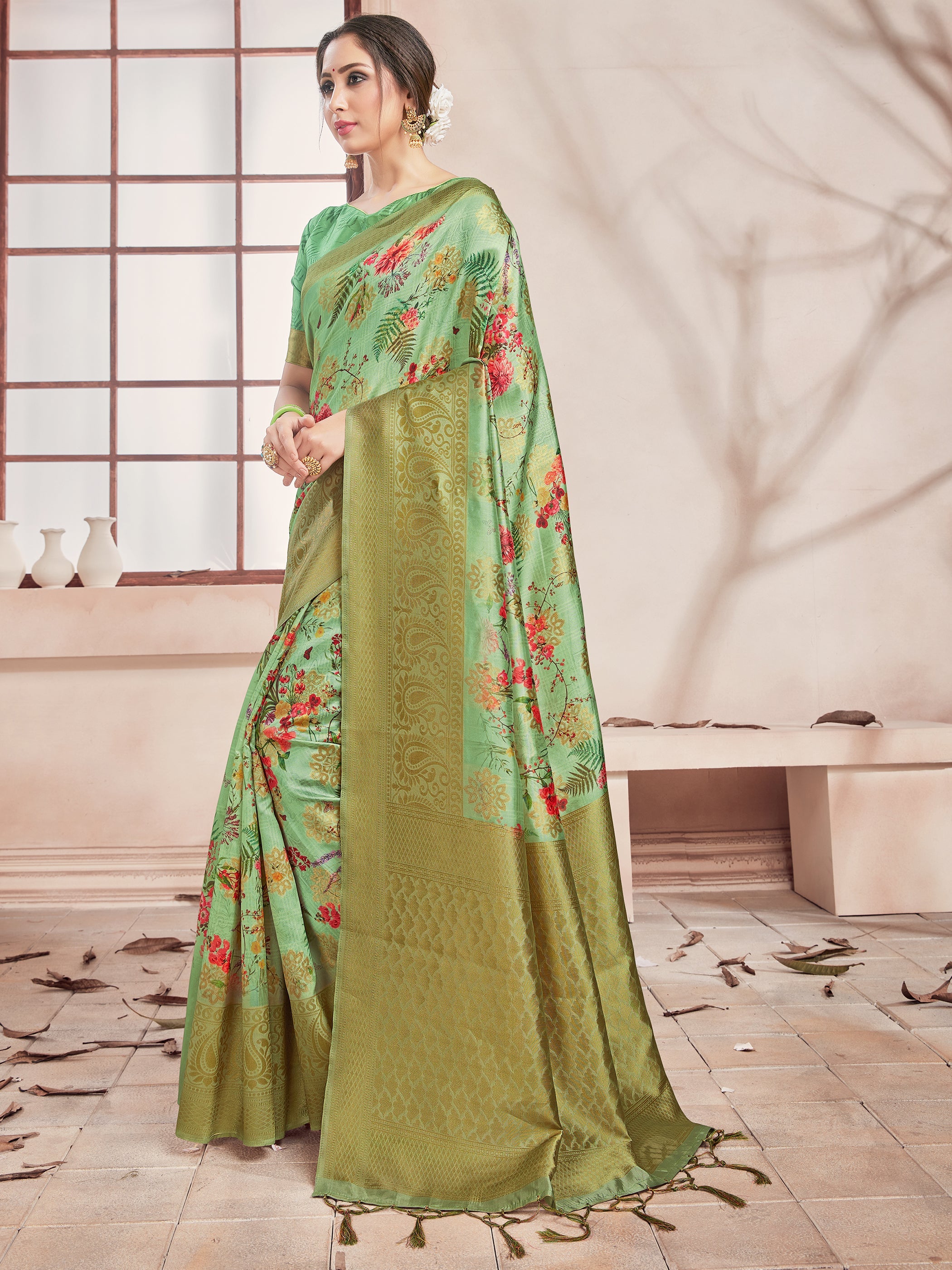 Olive Green Banarasi Art Silk Digital Print Woven Saree