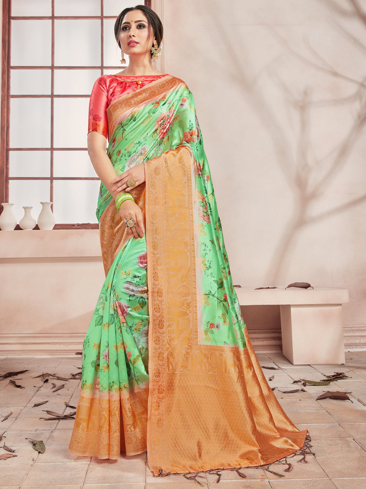 Green Banarasi Art Silk Digital Print Woven Saree