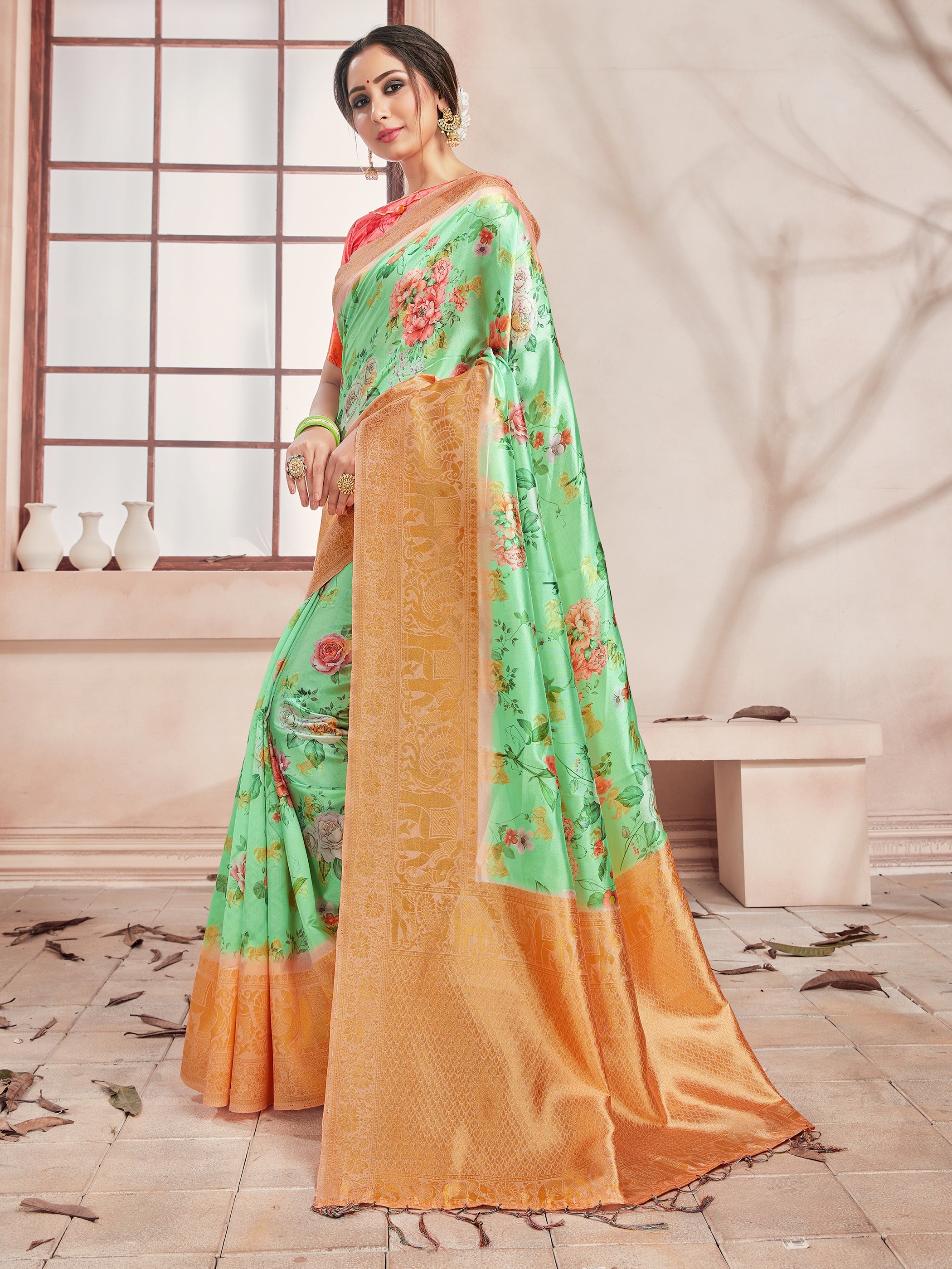 Green Banarasi Art Silk Digital Print Woven Saree