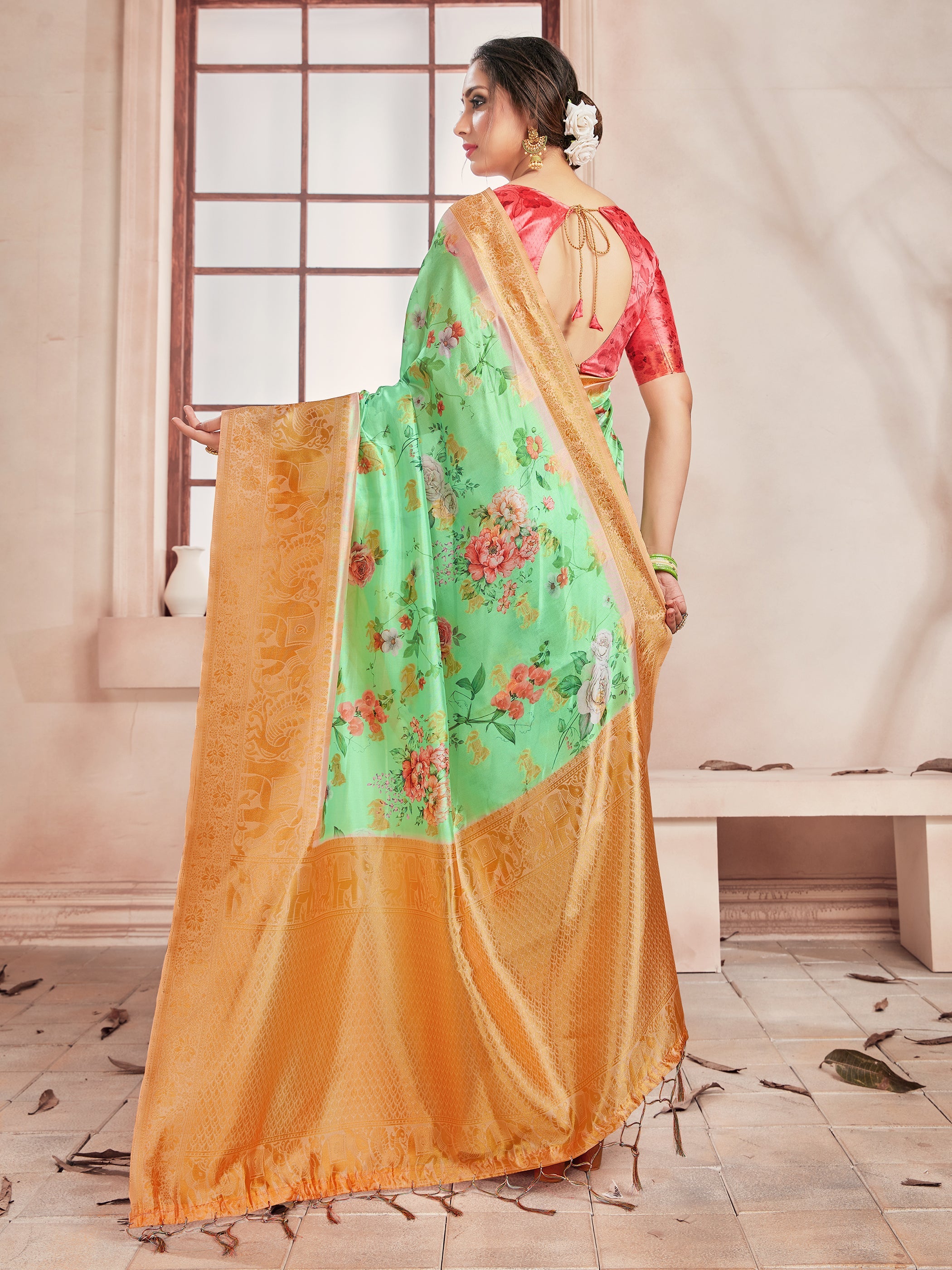 Green Banarasi Art Silk Digital Print Woven Saree