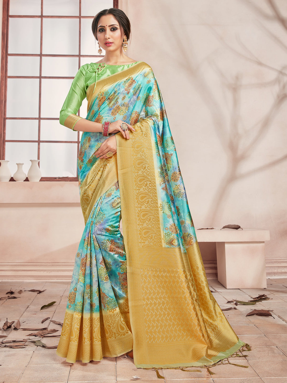 Turquoise Banarasi Art Silk Digital Print Woven Saree