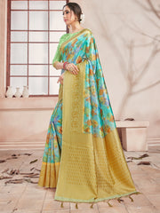 Turquoise Banarasi Art Silk Digital Print Woven Saree