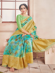 Turquoise Banarasi Art Silk Digital Print Woven Saree