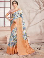 Off White Banarasi Art Silk Digital Print Woven Saree