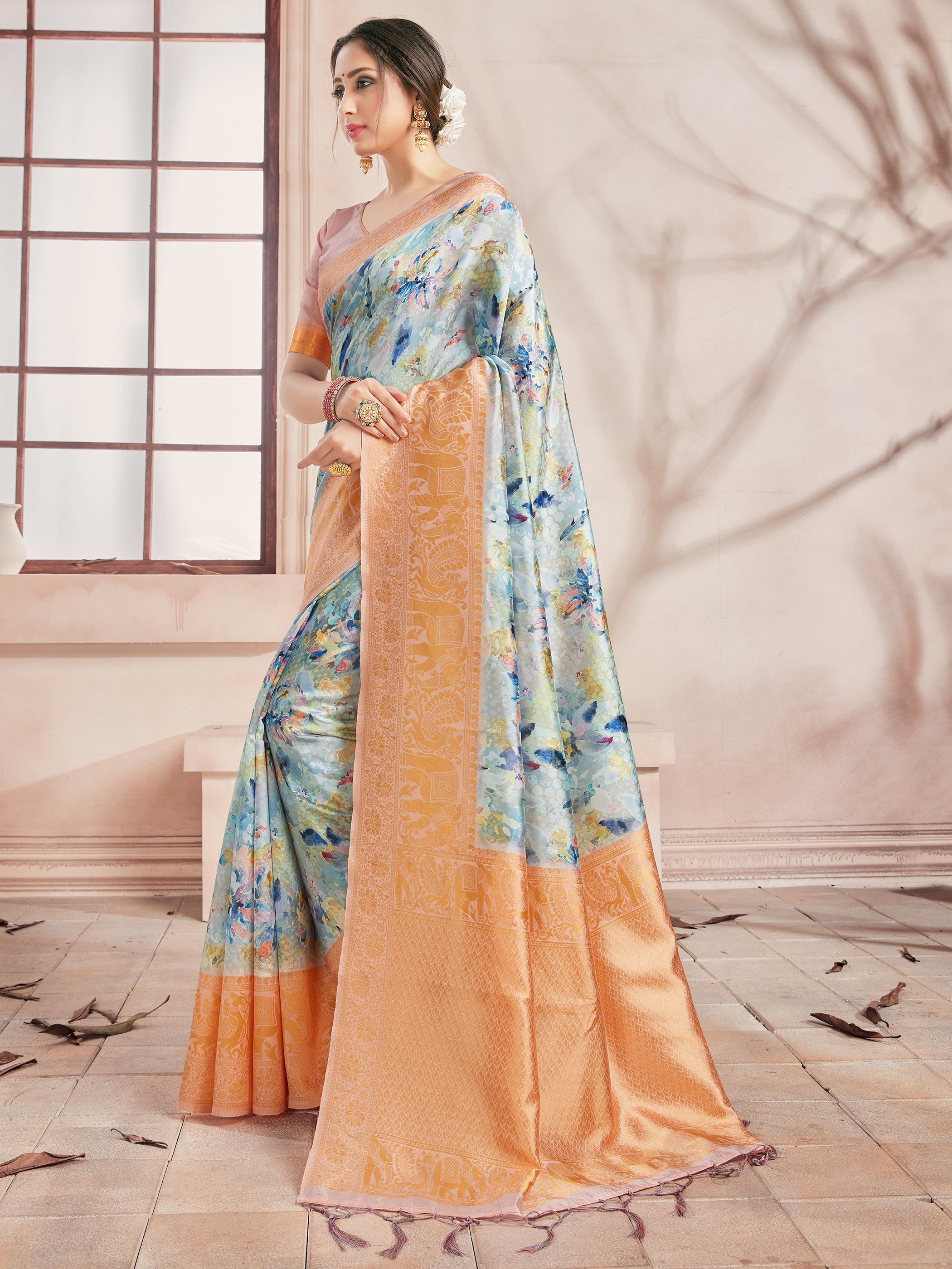 Off White Banarasi Art Silk Digital Print Woven Saree