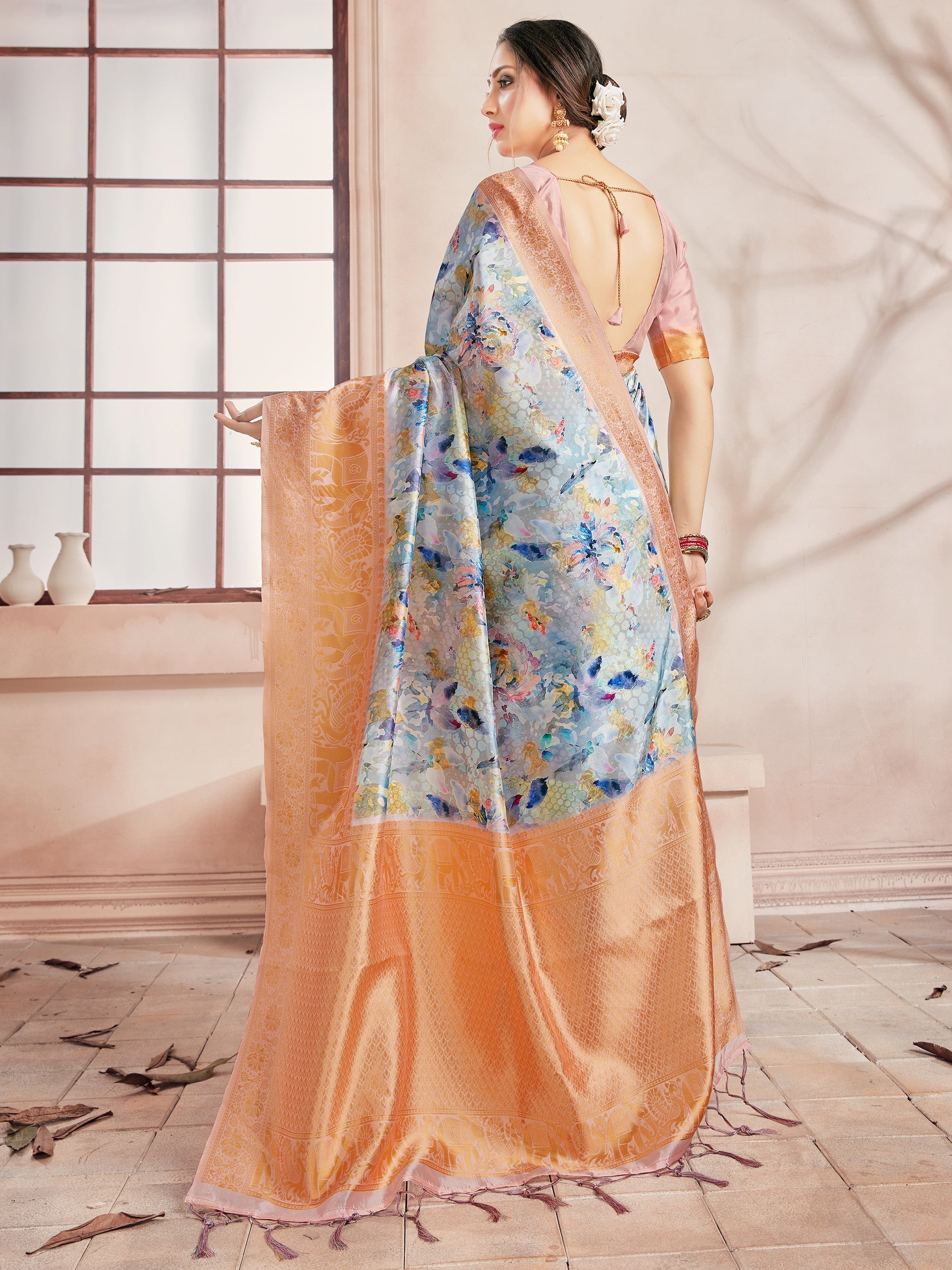 Off White Banarasi Art Silk Digital Print Woven Saree