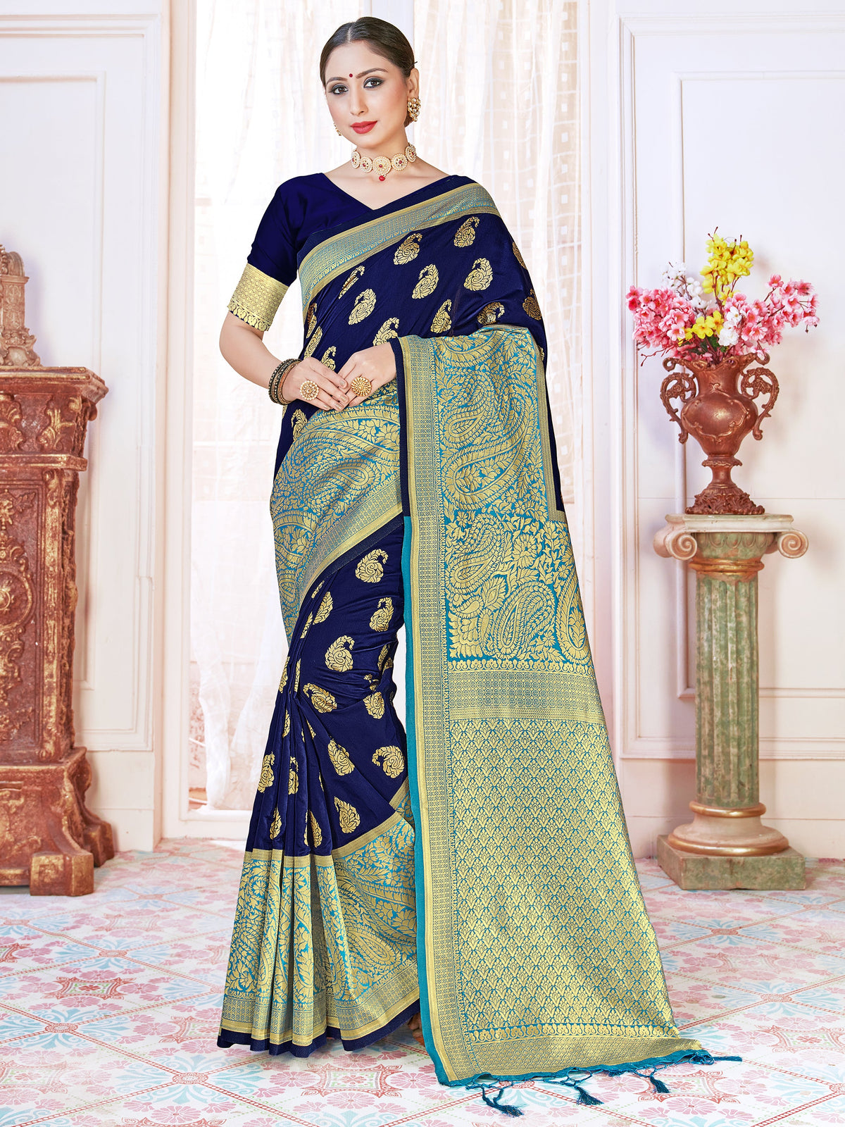 Navy Blue Banarasi Art Silk Woven Saree