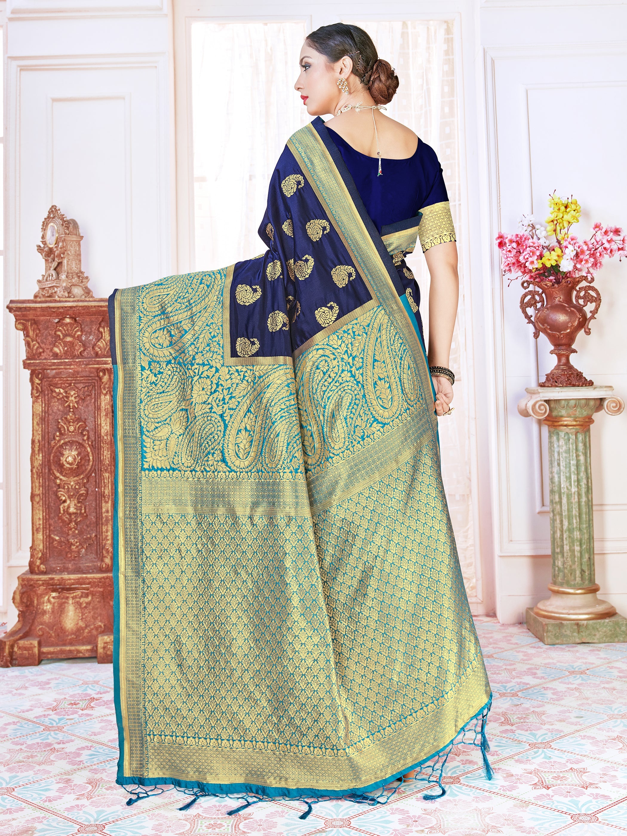 Navy Blue Banarasi Art Silk Woven Saree