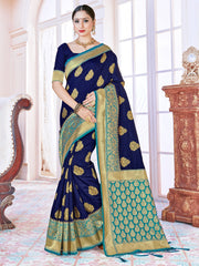 Navy Blue Banarasi Art Silk Woven Saree
