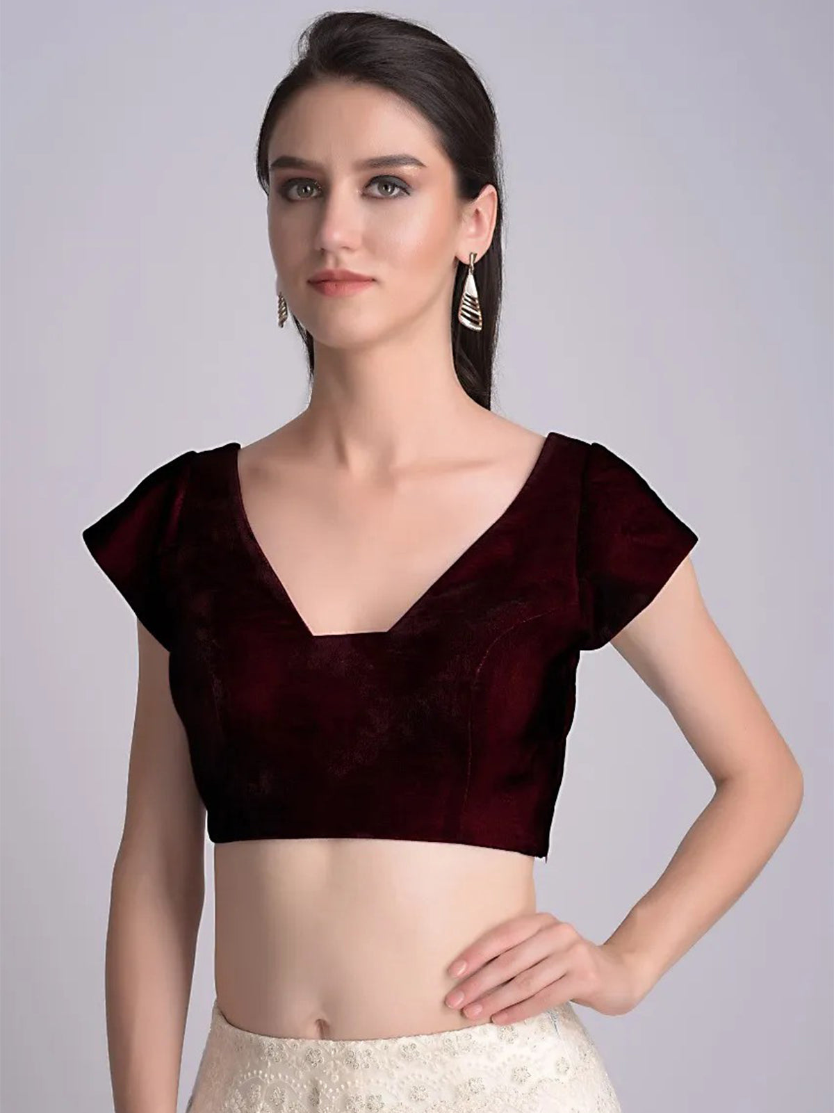 Maroon Velvet Cap Sleeve Solid Blouse