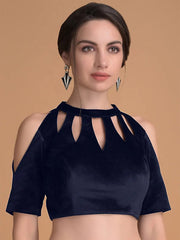 Navy Blue Velvet Cold Shoulder Solid Blouse