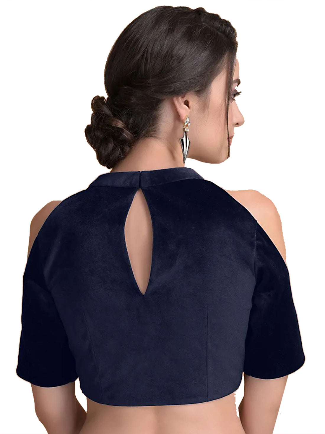 Navy Blue Velvet Cold Shoulder Solid Blouse