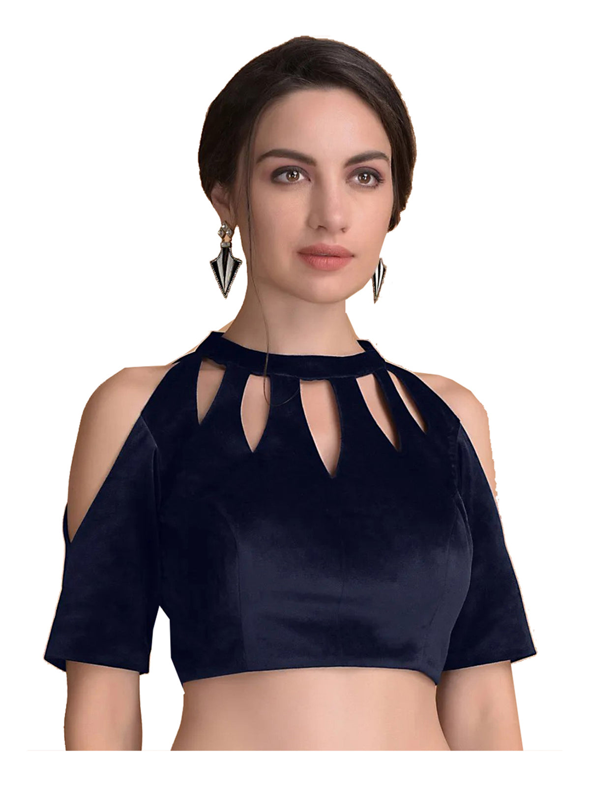 Navy Blue Velvet Cold Shoulder Solid Blouse