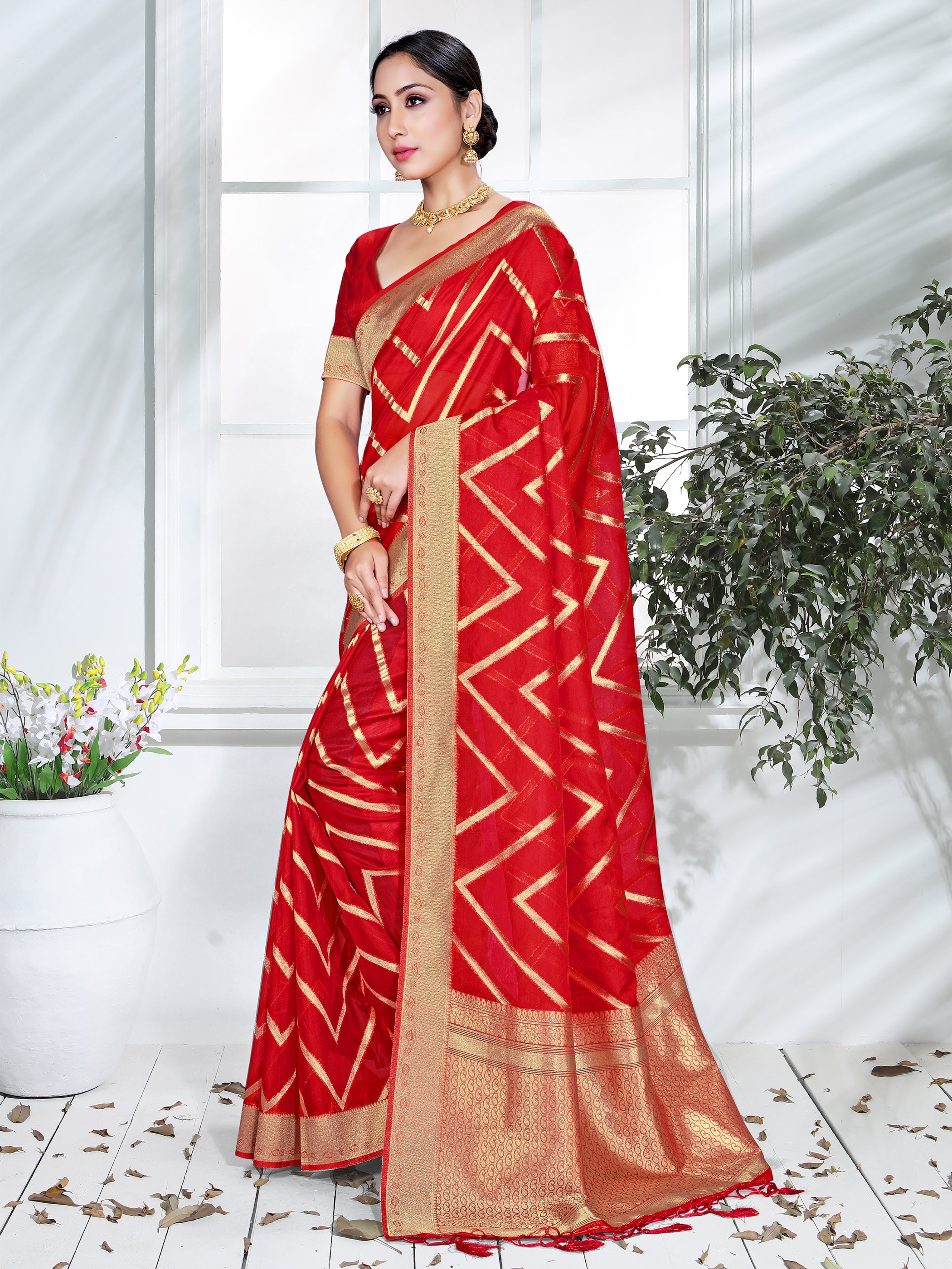 Red Organza Silk Chevron Woven Saree