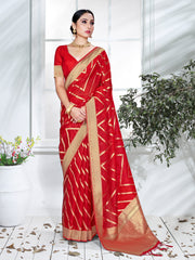 Red Organza Silk Chevron Woven Saree