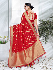 Red Organza Silk Chevron Woven Saree