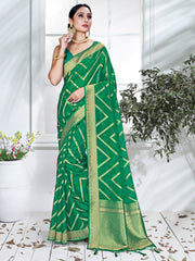 Green Organza Silk Chevron Woven Saree