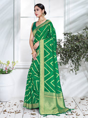 Green Organza Silk Chevron Woven Saree