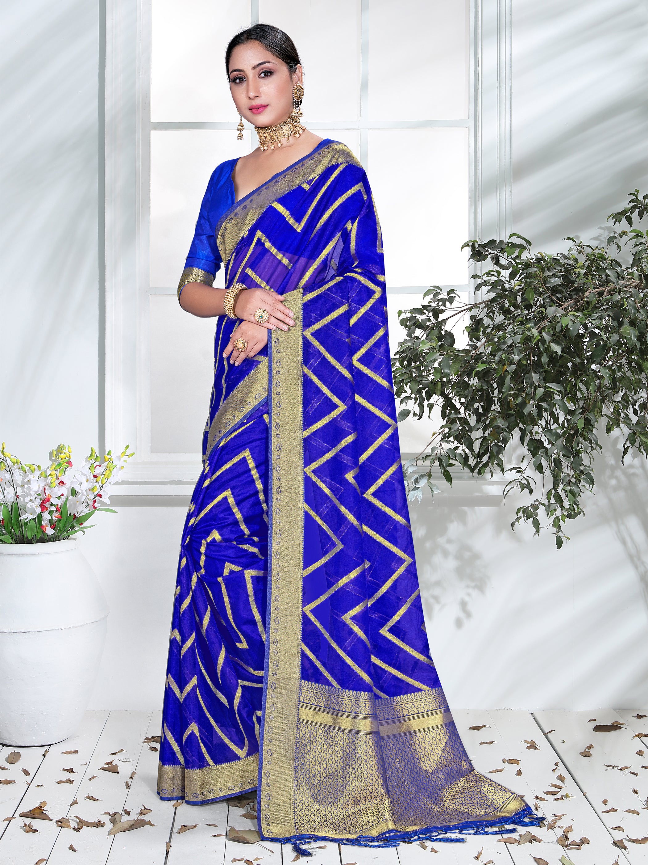 Blue Organza Silk Chevron Woven Saree