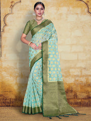 Sea Green Organza Silk Woven Saree