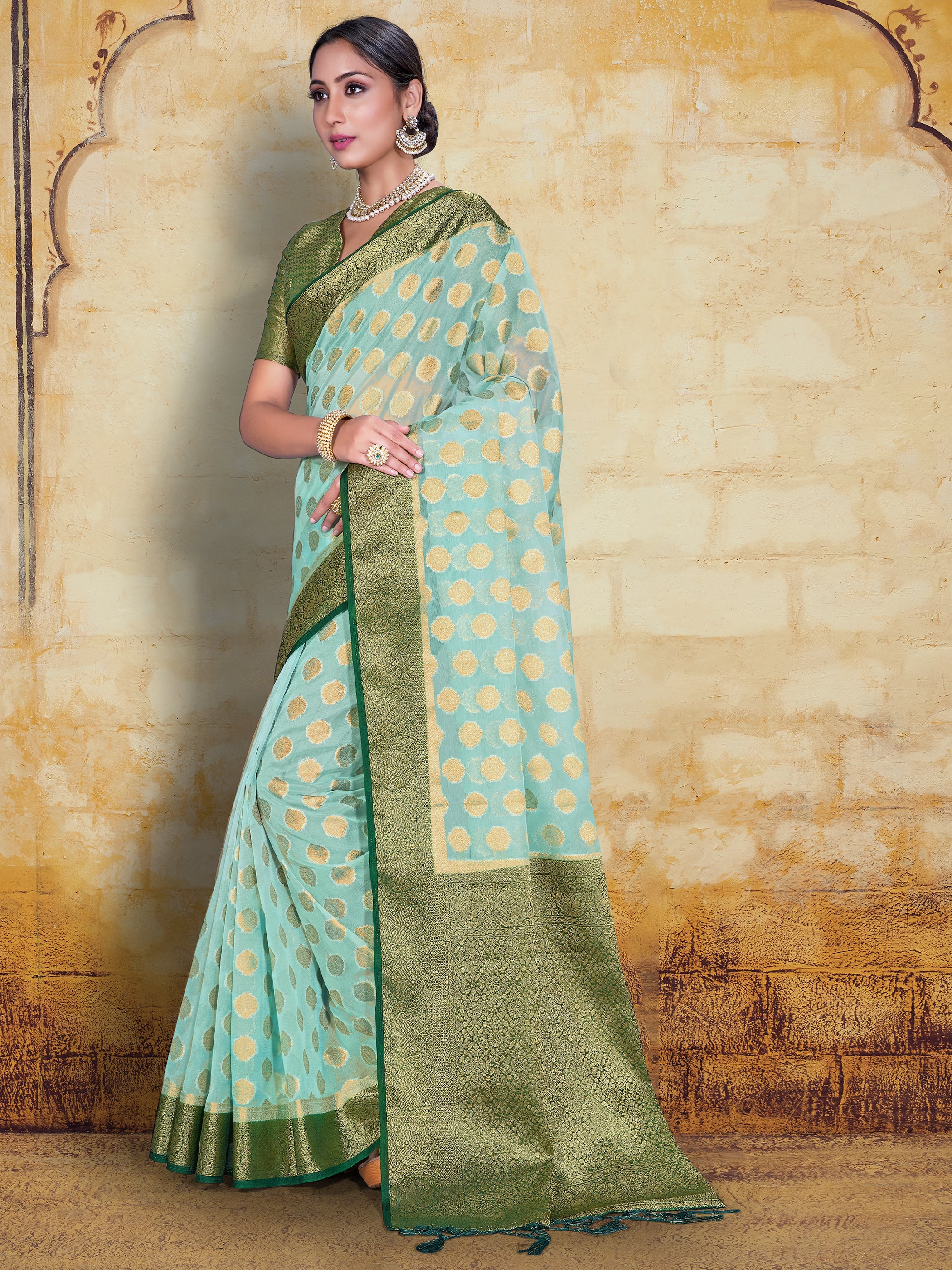 Sea Green Organza Silk Woven Saree