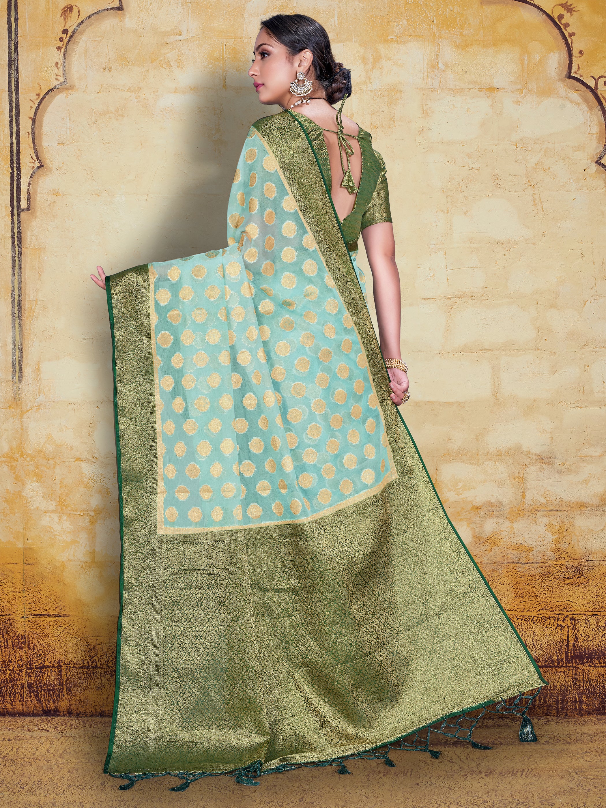 Sea Green Organza Silk Woven Saree