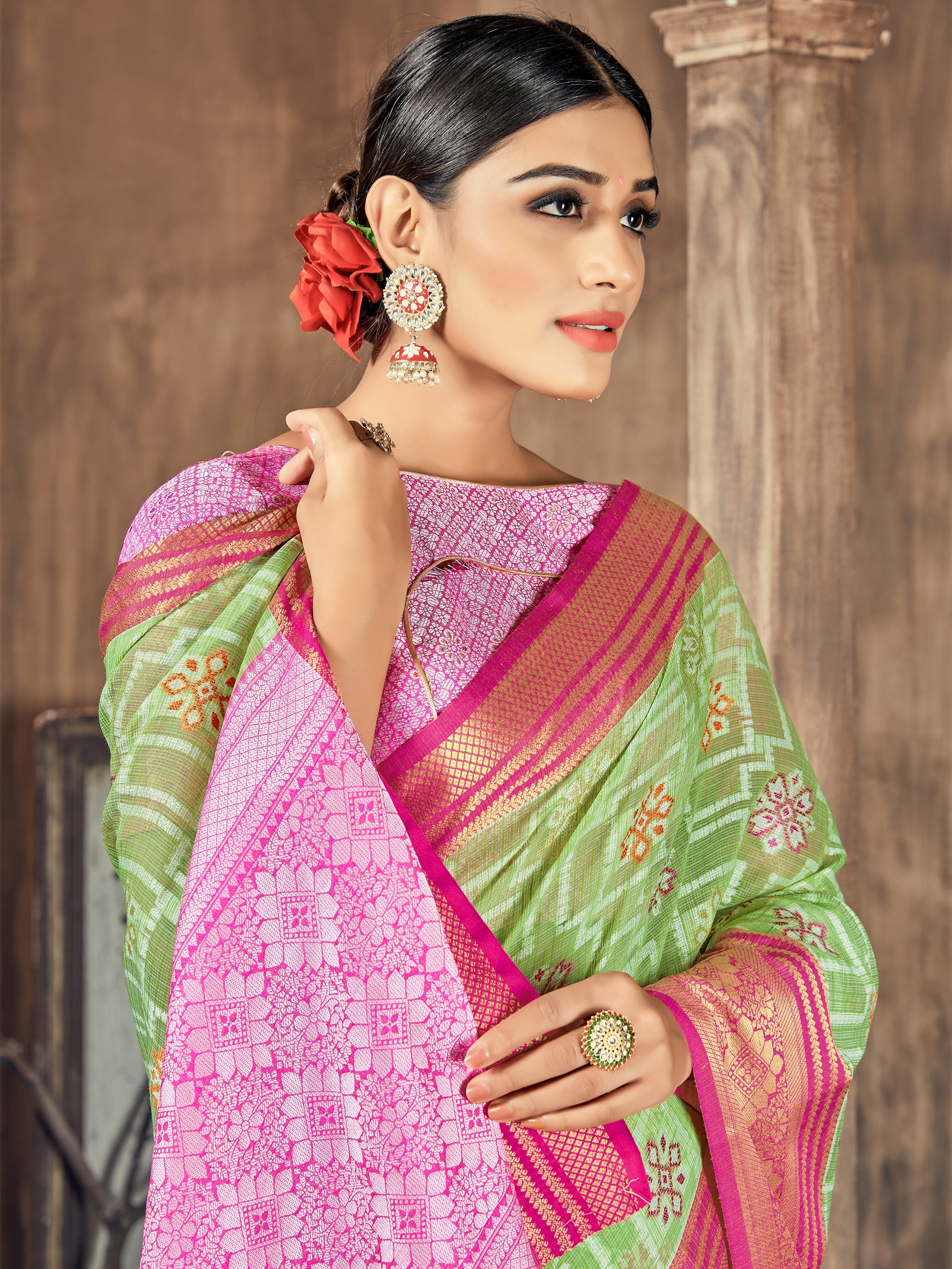 Green Cotton Silk Woven Saree
