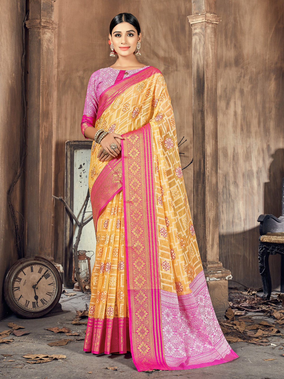 Yellow Cotton Silk Woven Saree