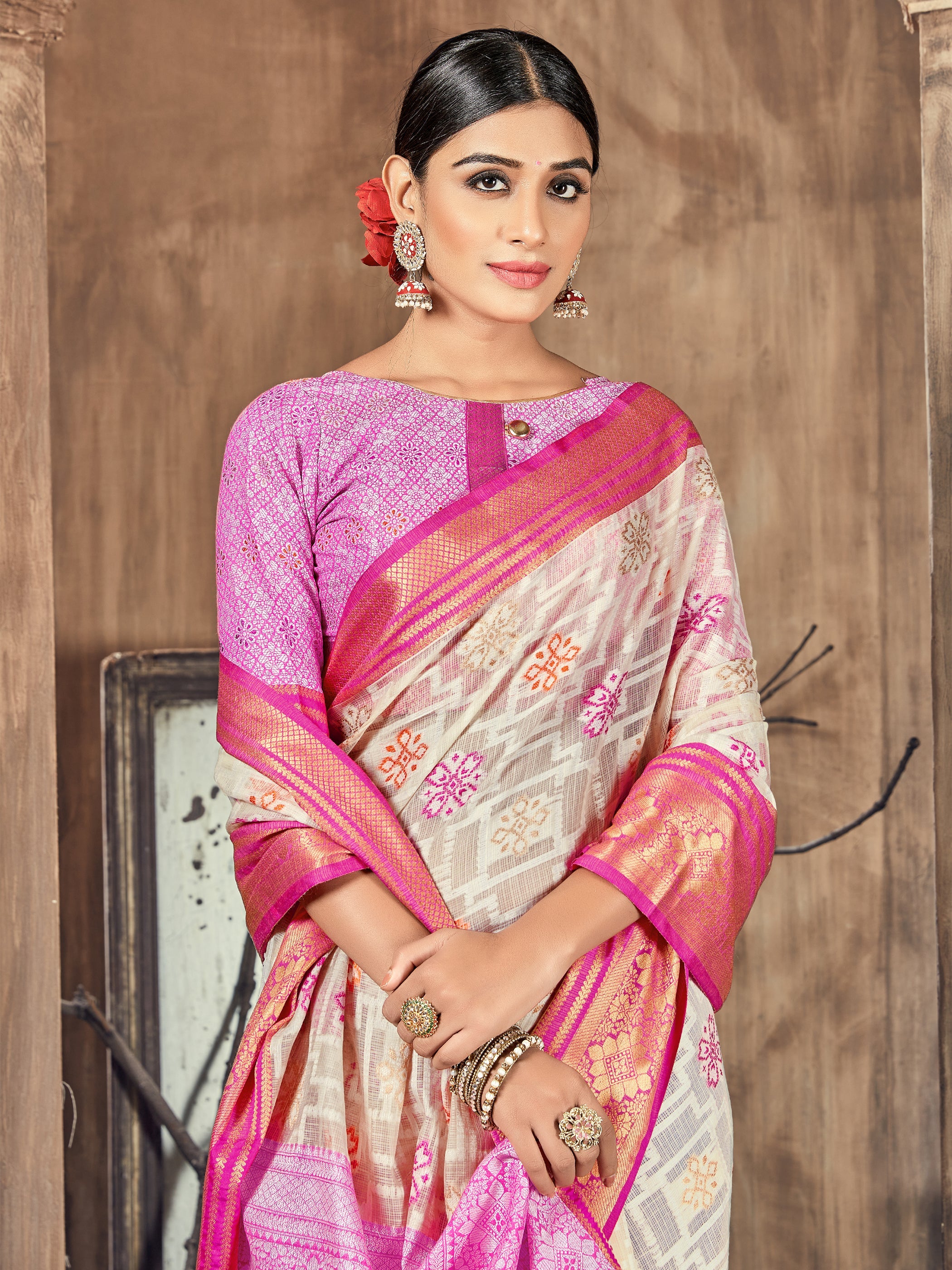 Beige Cotton Silk Woven Saree