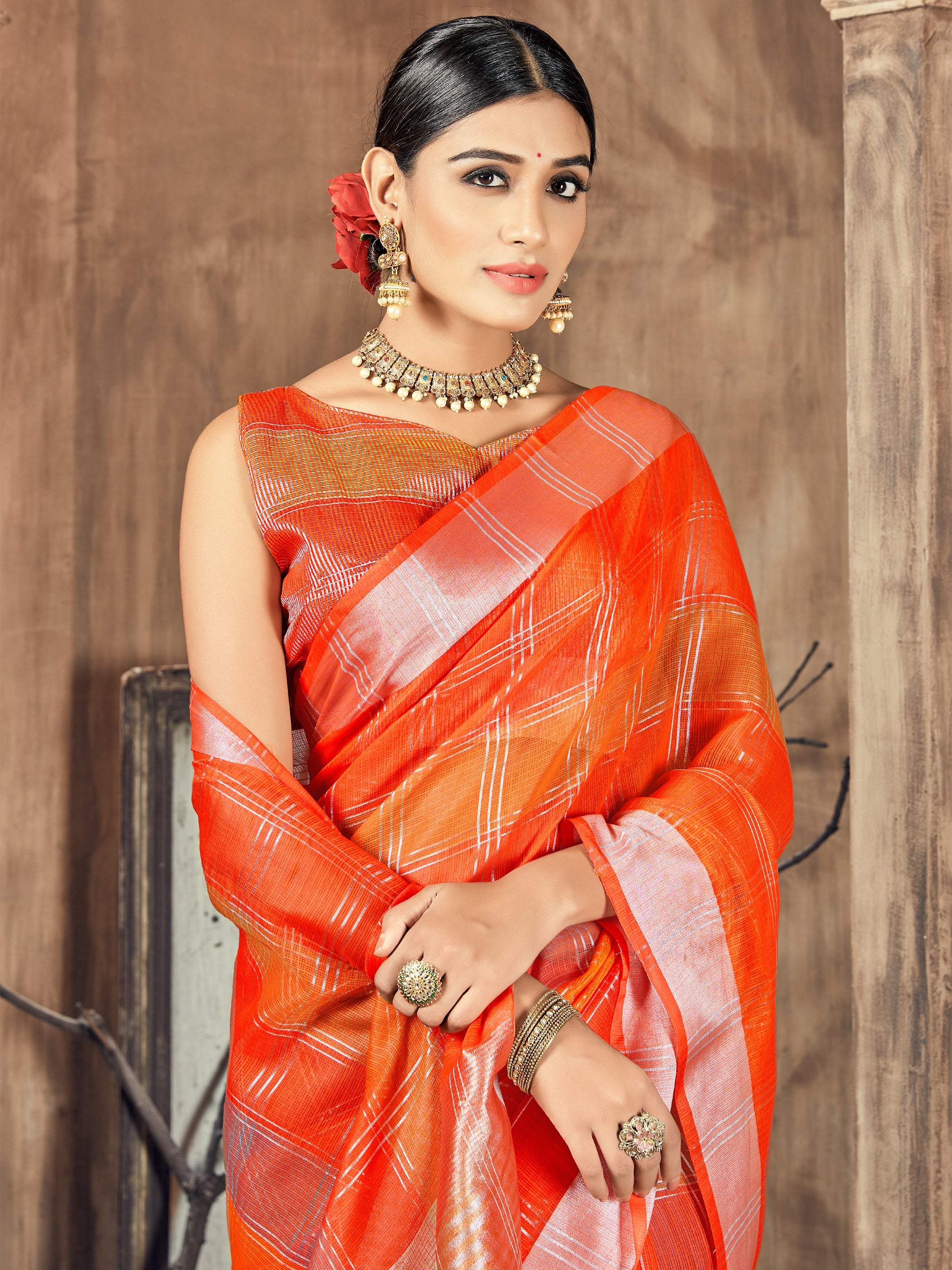 Orange Cotton Silk Woven Saree