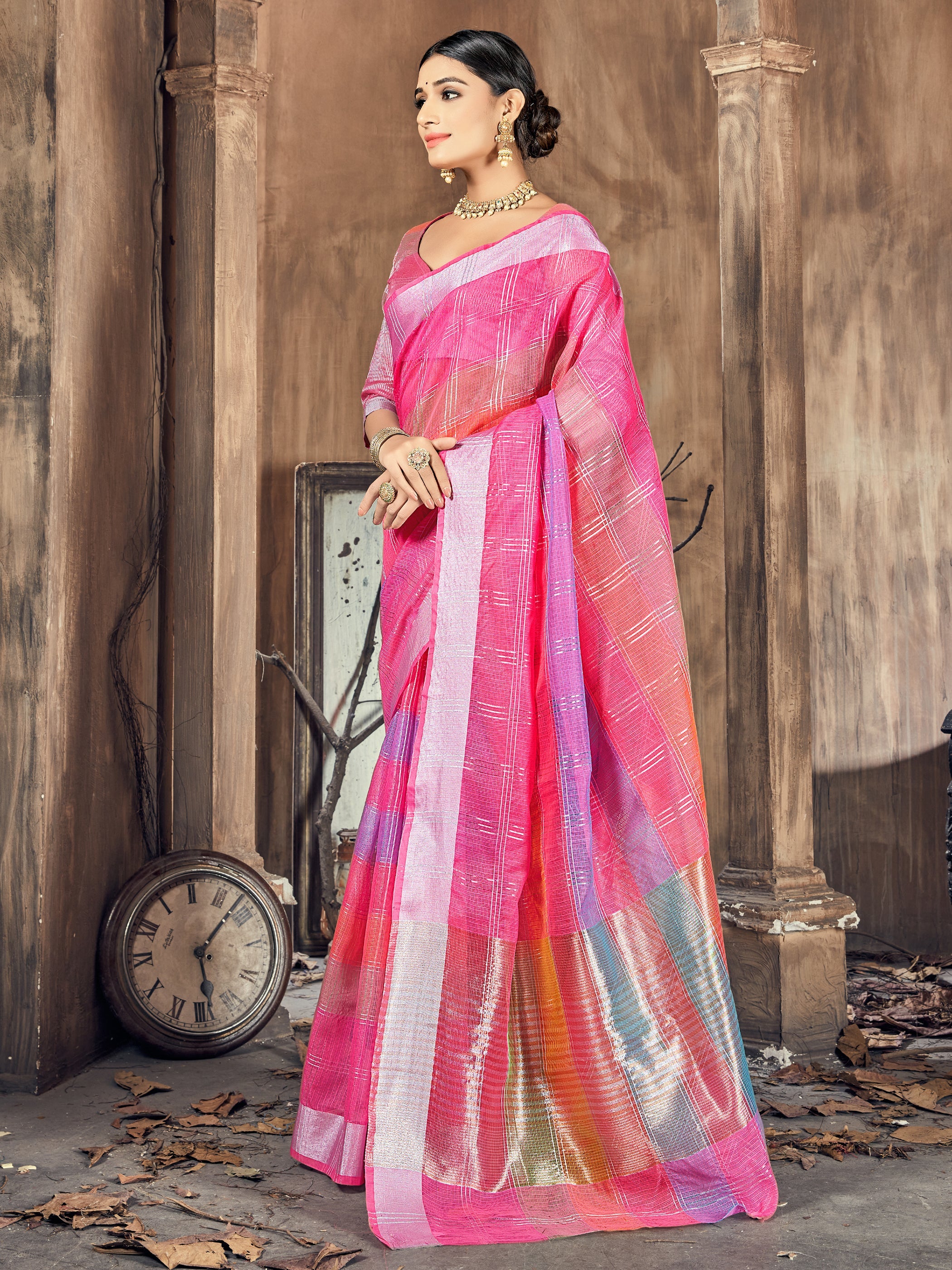 Pink Cotton Silk Woven Saree