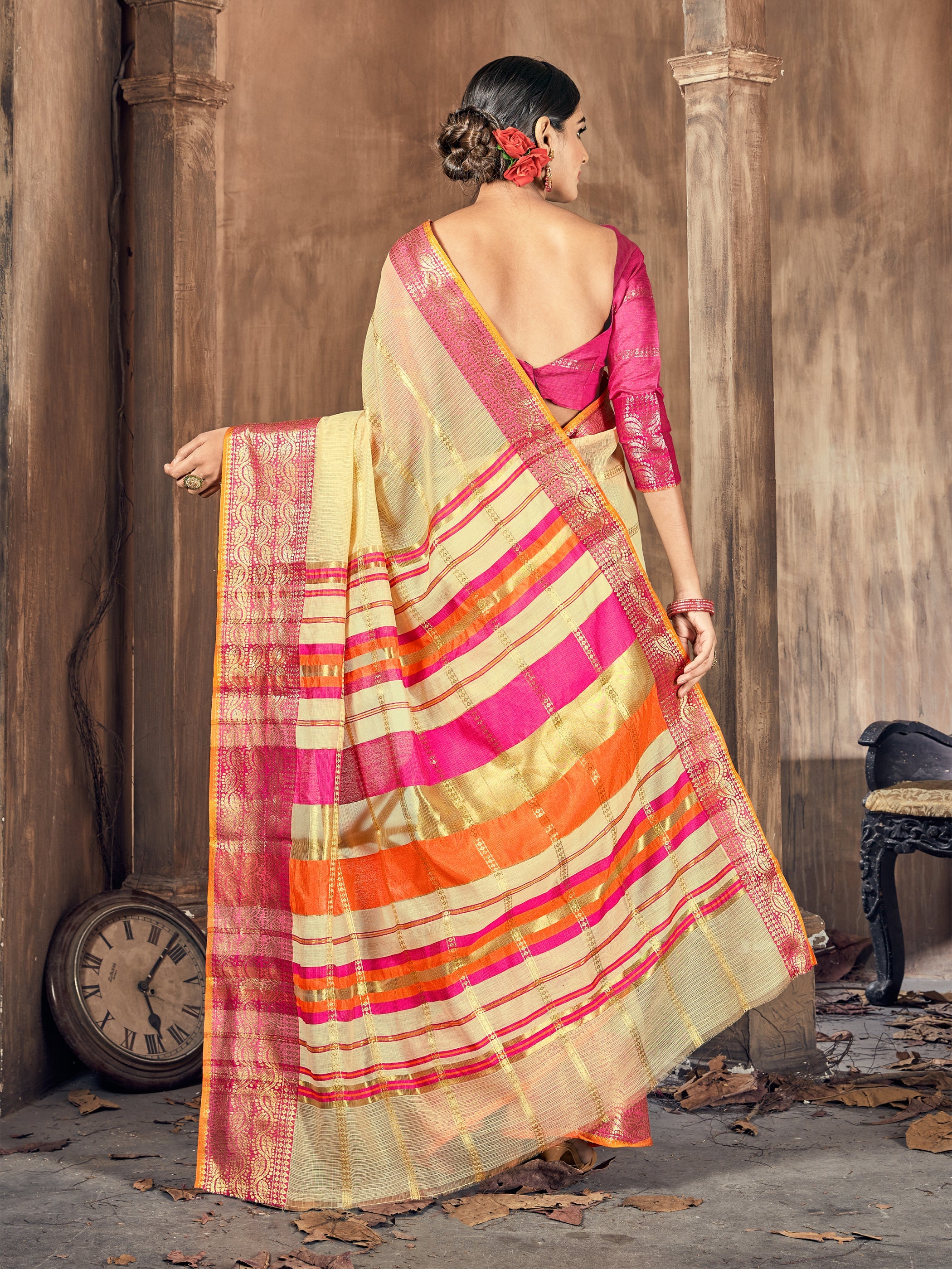 Beige Cotton Silk Woven Saree