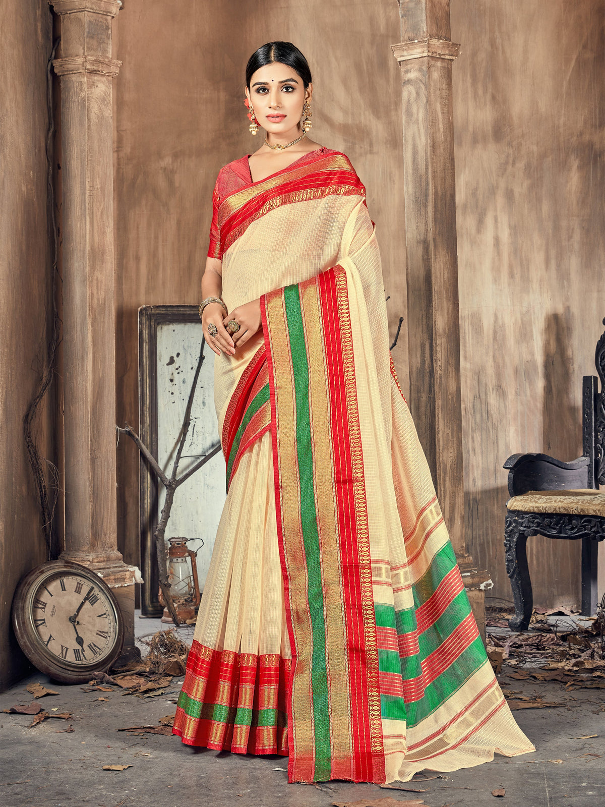 Beige Cotton Silk Woven Saree