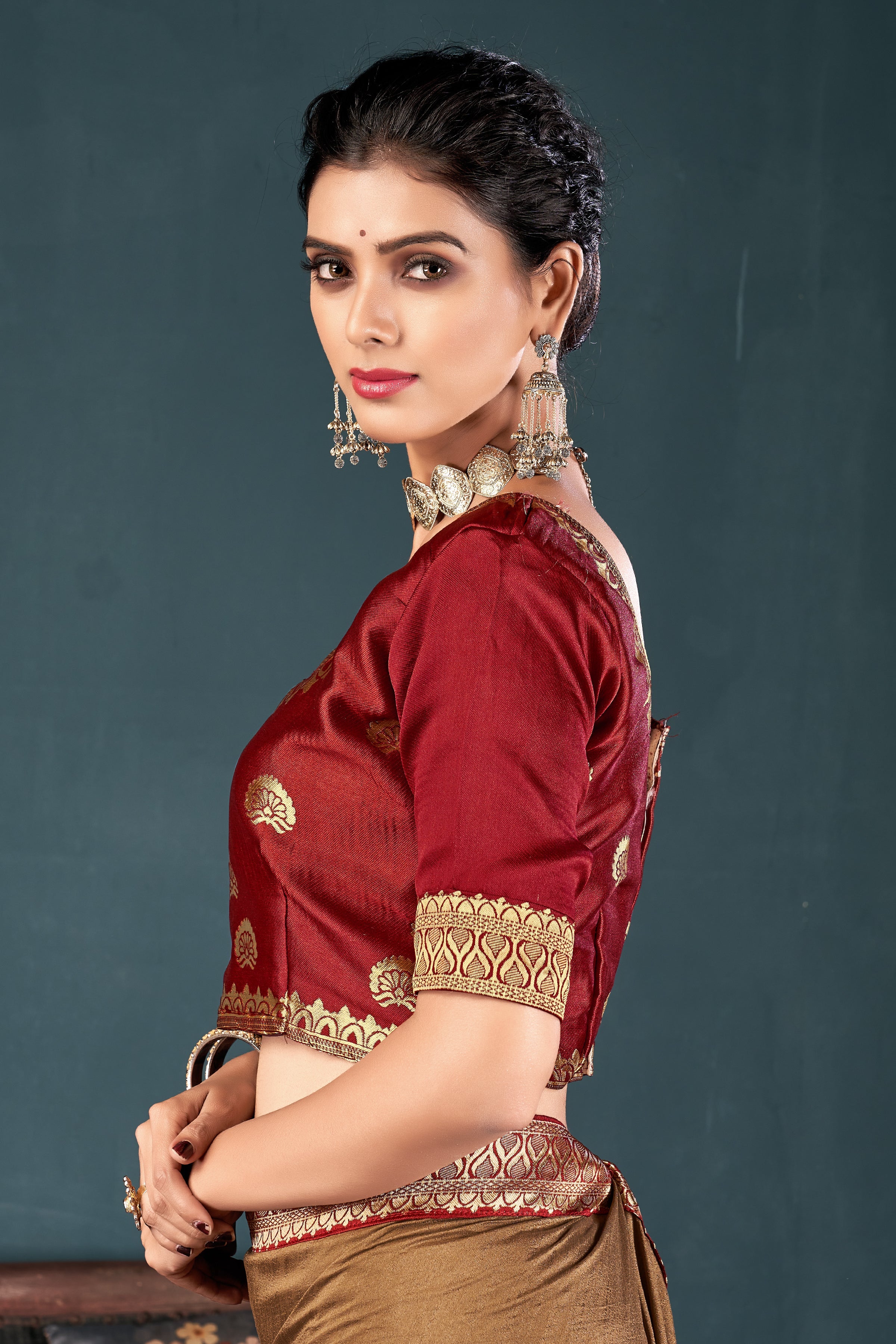 Maroon Art Silk Half Sleeve Solid Blouse