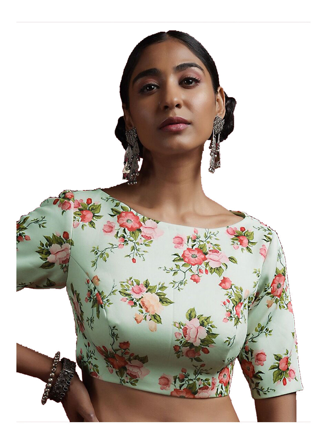 Pastel Green Satin Half Sleeve Printed Boat Neck Blouse