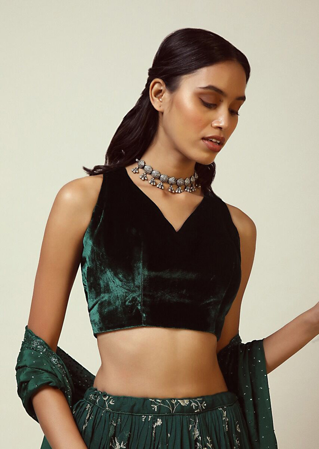 Green Velvet Strap Solid Blouse