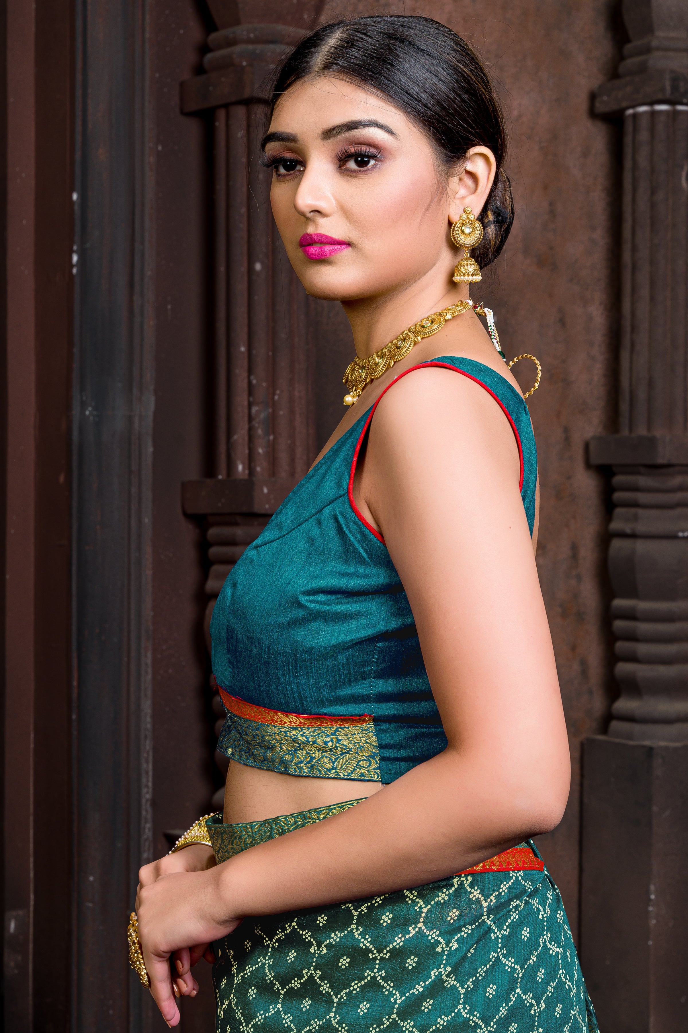 Turquoise Banglori Silk Sleeveless Solid Blouse