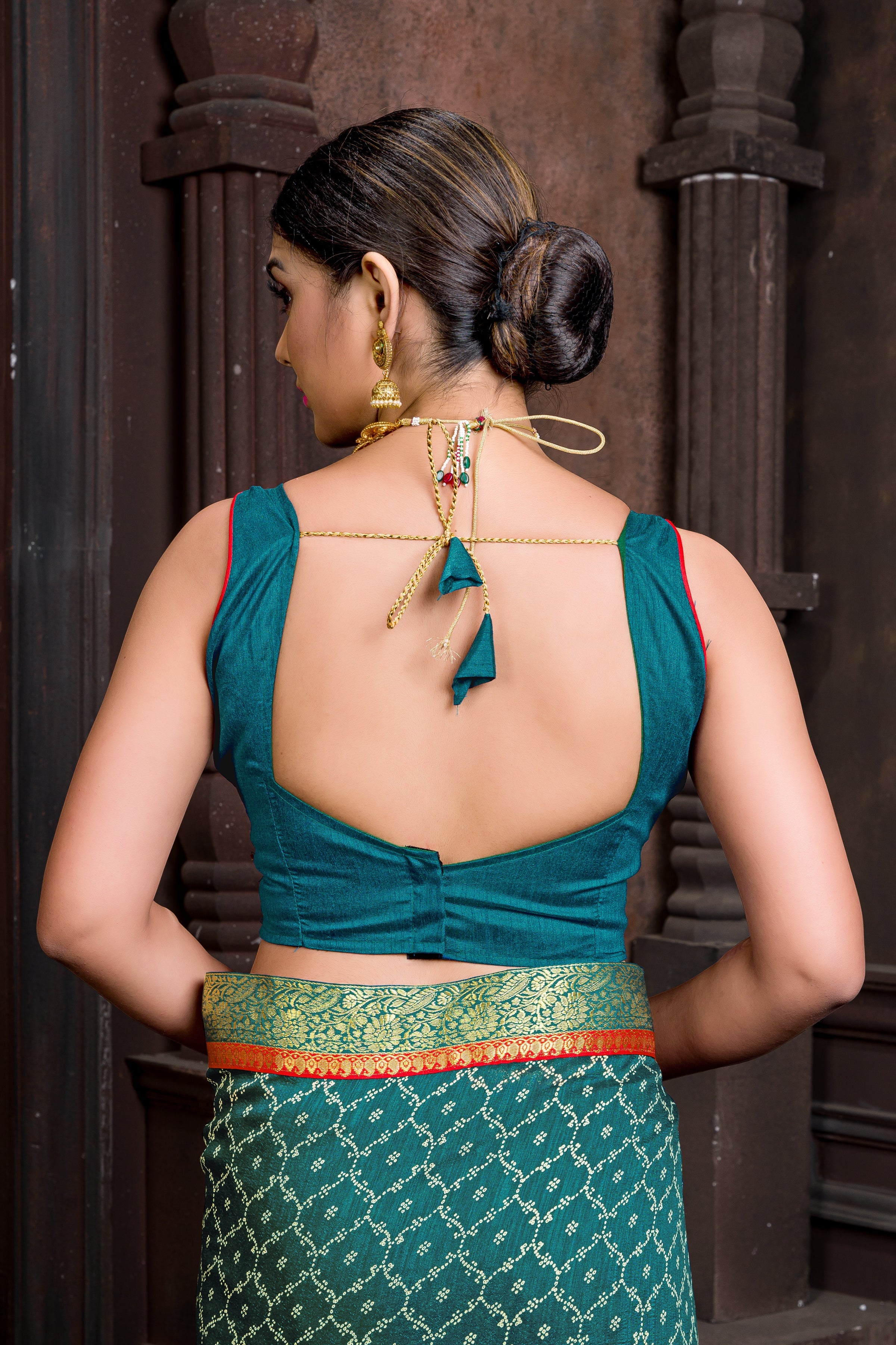 Turquoise Banglori Silk Sleeveless Solid Blouse