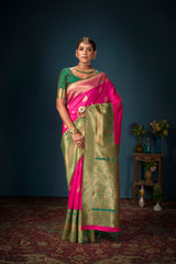 Sari tissé en soie d'art Banarasi rose