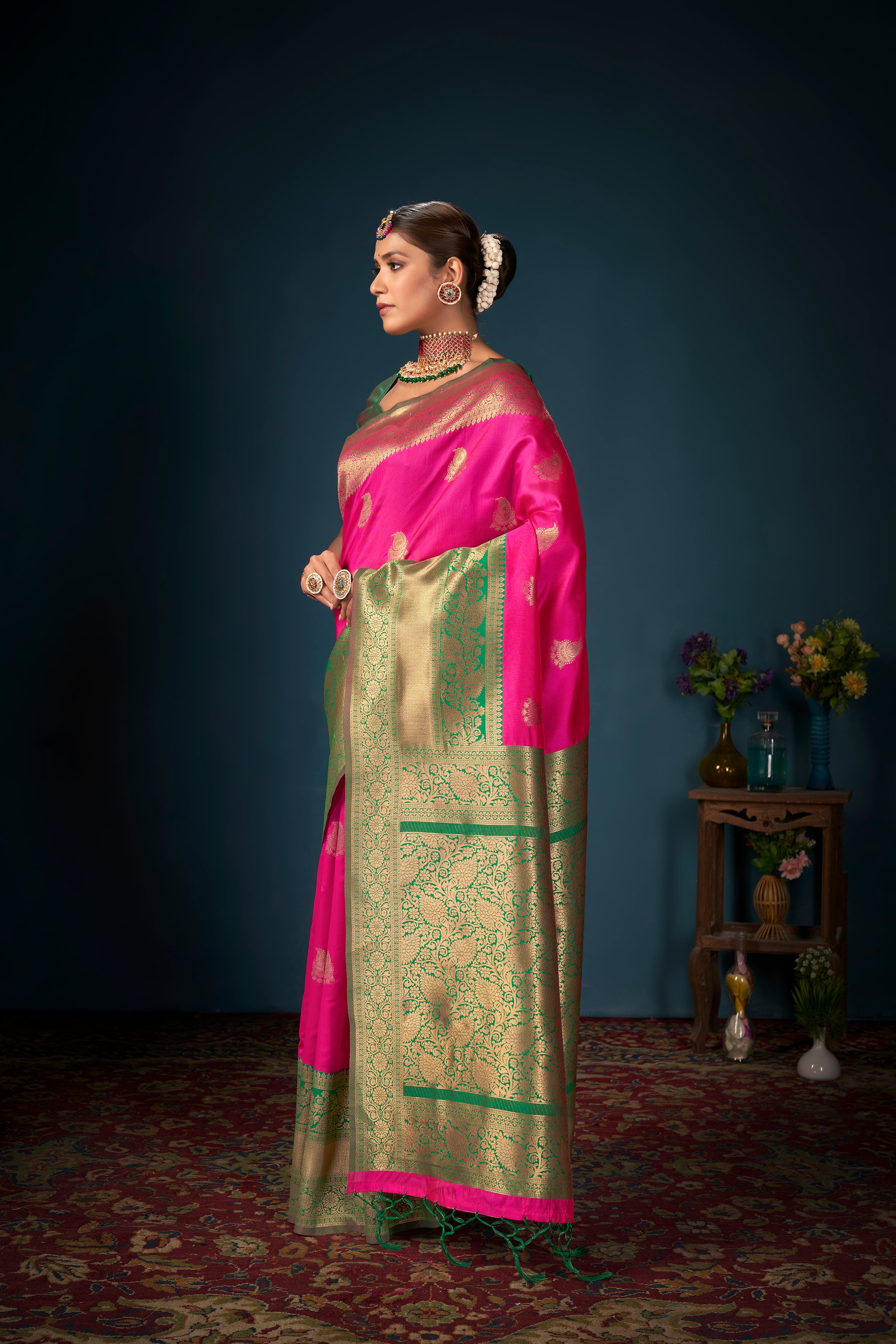 Sari tissé en soie d'art Banarasi rose