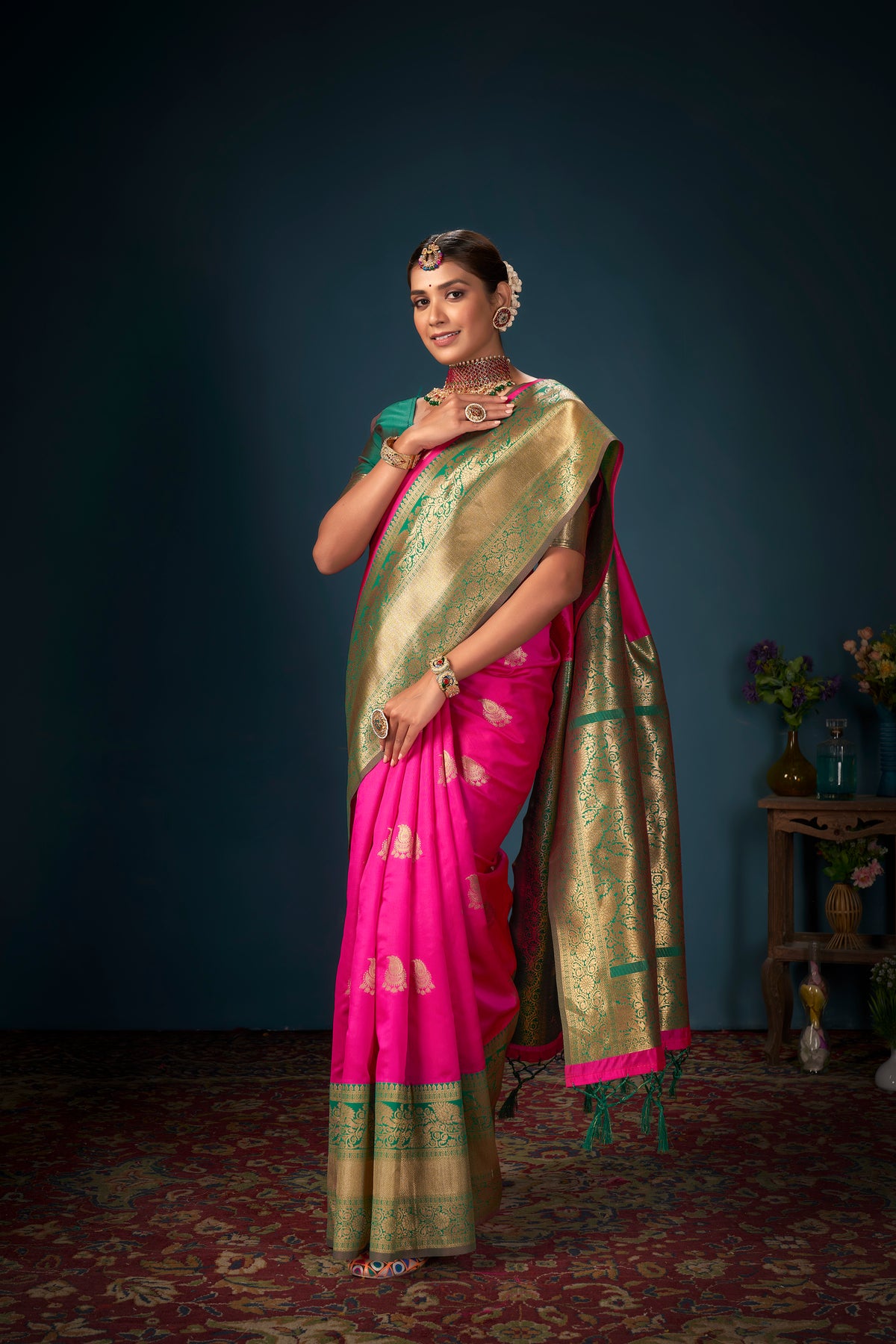 Sari tissé en soie d'art Banarasi rose