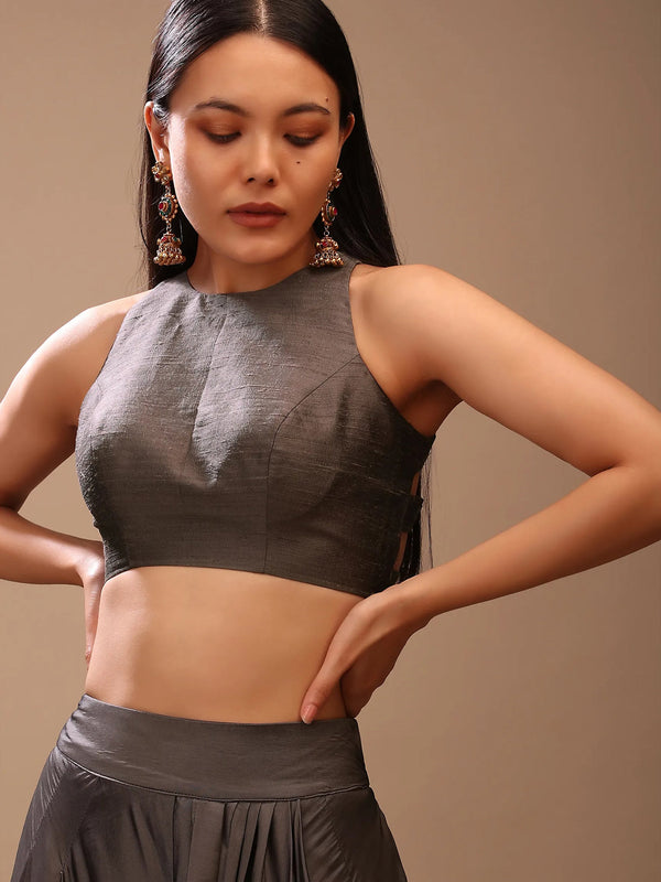 Readymade Gray Banglori Silk Sleeveless Solid Blouse