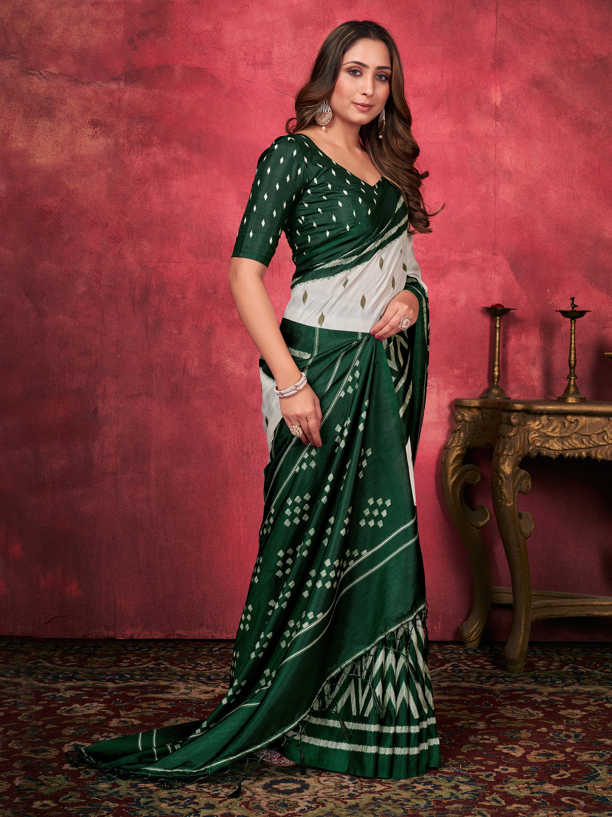 Sari imprimé en soie artistique Mysore vert